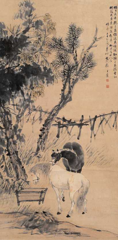 倪田 双马图 立轴